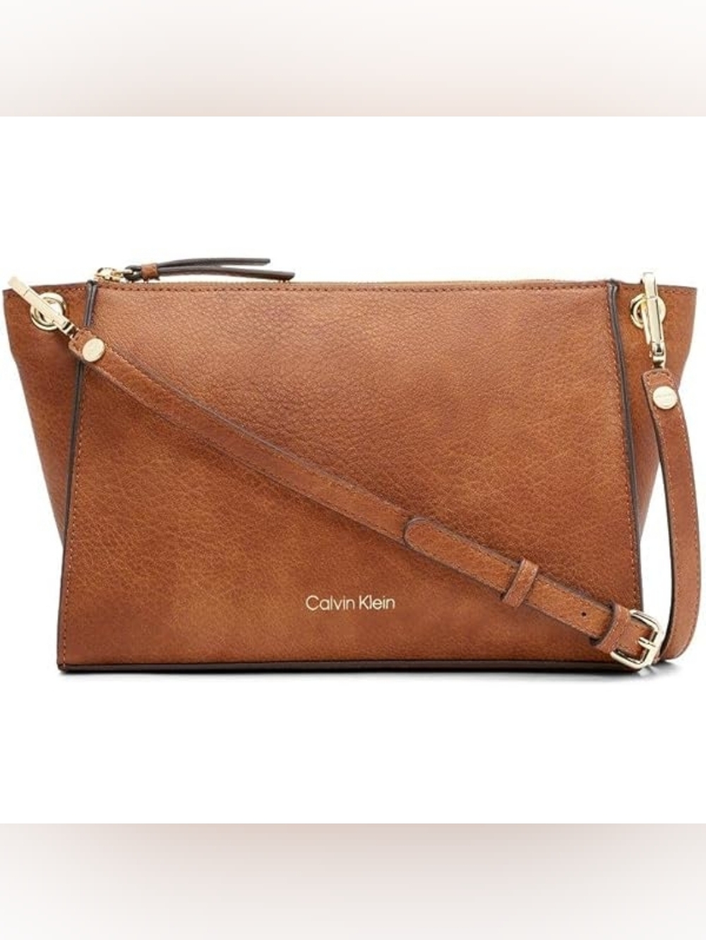 Calvin Klein Brown Pebble Leather Shoulder Bag with Gold Accent